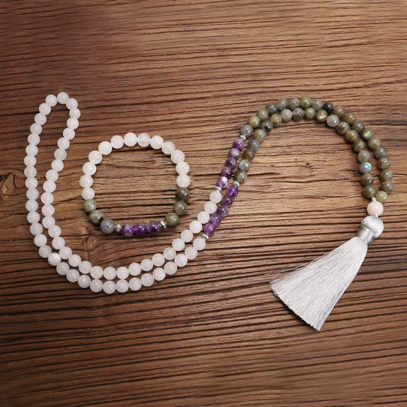 108 Mala-Perlen, Weiß Achat, Amethyst, schwarzer Glitzerstein, Schutzarmband