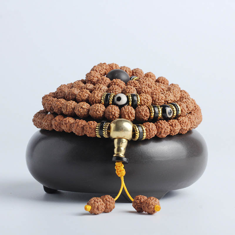 Buddha Stones Rudraksha Bodhi Seed Dzi Bead Luck Wealth Armband 108 Mala Beads