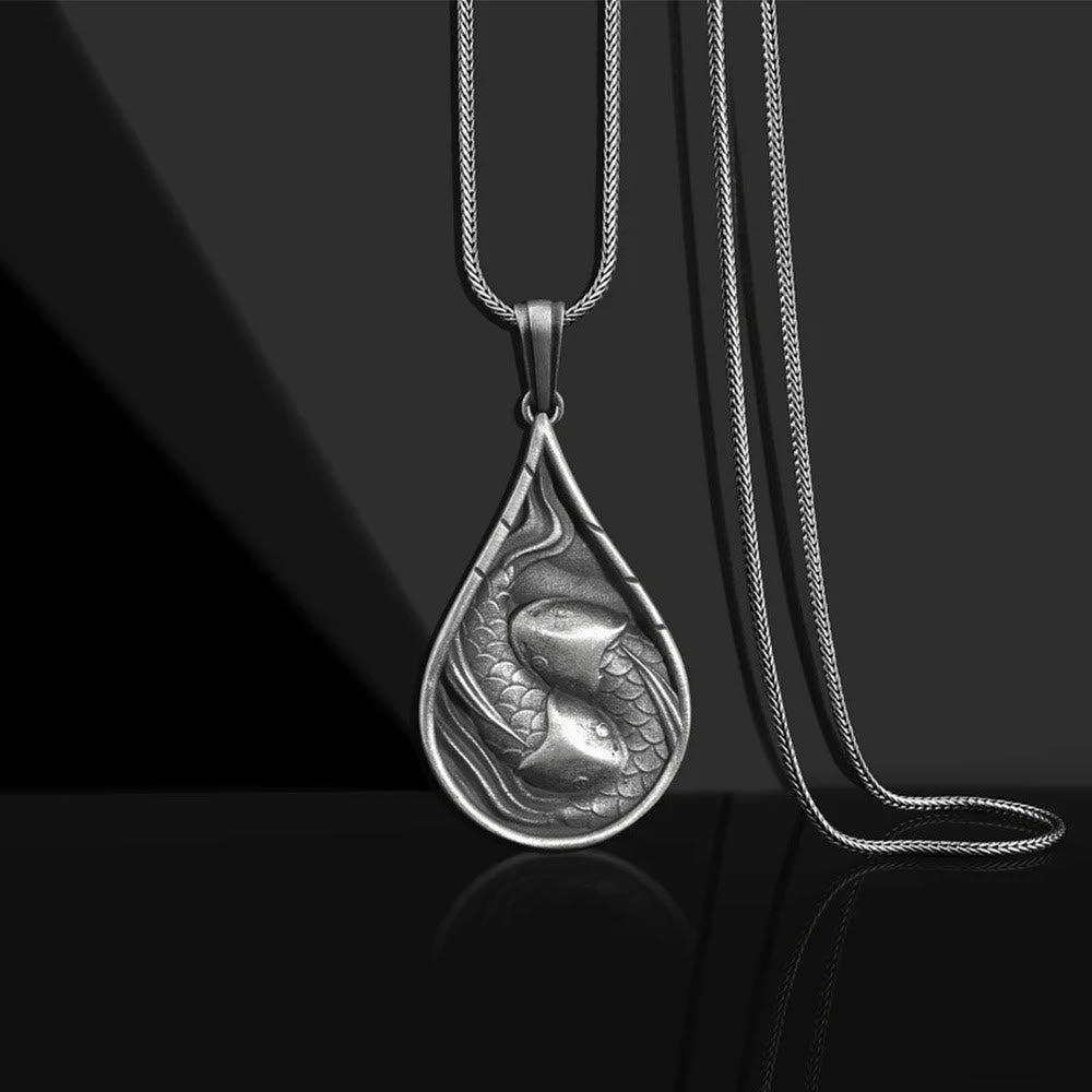 Buddha Stones, doppelter glücklicher Koi-Fisch, Wohlstand, reines Zinn, Wassertropfen-Muster, Halsketten-Anhänger - Koi Fisch Anhänger & Kiel Kette - image 1