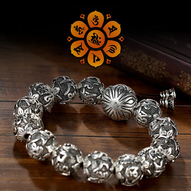 Buddha Stones Tibetisches Om Mani Padme Hum Amulett-Armband mit geschnitzten Legierungsperlen