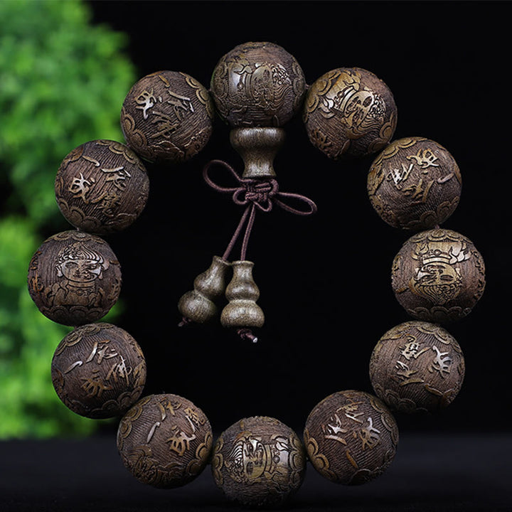 Buddha Stones Chinesisches Sternzeichen Palisander Ebenholz Kupfermünze PiXiu Geschnitztes Wärmearmband