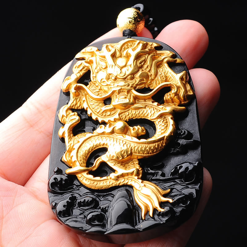 Buddha Stones 18 Karat vergoldete Drachen-Obsidian-Glücksanhänger-Halskette - image 4