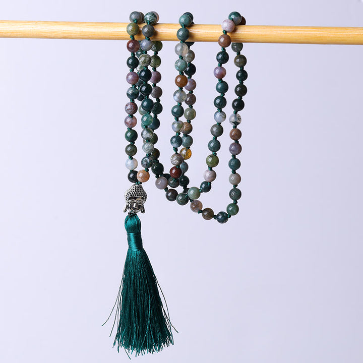 Buddha Stones 108 Mala-Perlen, indisches Achat-Buddha-Kopf-Reinigungsarmband