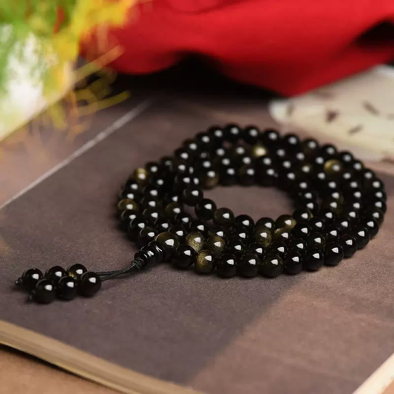 Buddha Stones 108 Mala-Perlen, natürliches Goldglanz-Obsidian-Reichtumsarmband