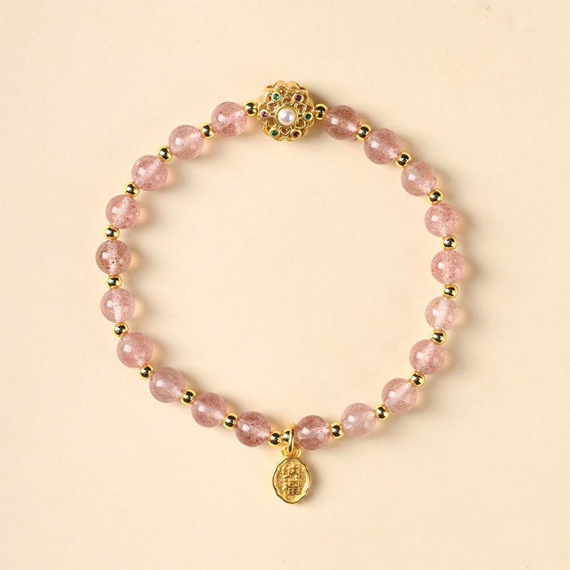Buddha Stones 14 Karat vergoldetes natürliches Erdbeerquarz-Labradorit-Sonnenstein-Fu-Character-Charm-Armband