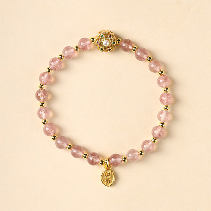 Buddha Stones 14 Karat vergoldetes natürliches Erdbeerquarz-Labradorit-Sonnenstein-Fu-Character-Charm-Armband