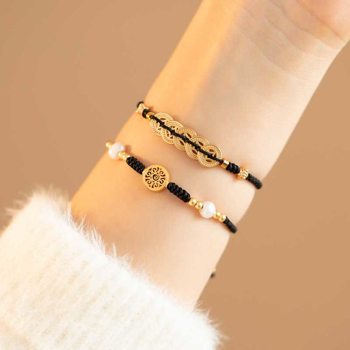 Geflochtenes Armband mit Buddha Stonesn, Kupfermünze, Glücksbaum, Glück, Stärke