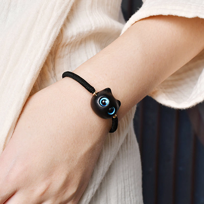 Buddha Stones Ebenholz-Katzenkopf-Muster, geflochtenes Armband mit Friedens-King-Kong-Knoten - image 20