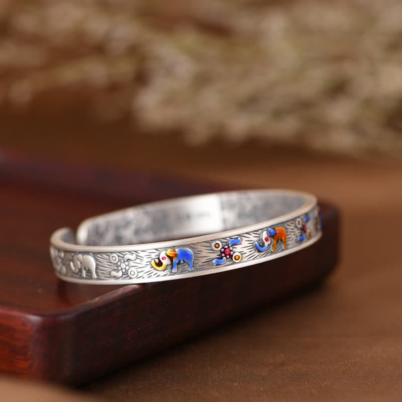 Buddha Stones 999 Sterling Silber Elefant Stärke Weisheit Armband Manschettenarmreif - image 3
