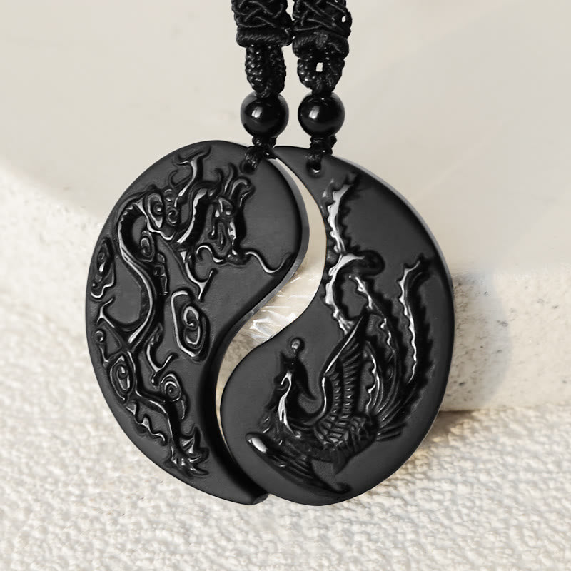 Buddha Stones, schwarzer Obsidian, Yin-Yang-Drache, Phönix, Glücks-Halsketten-Anhänger - image 3