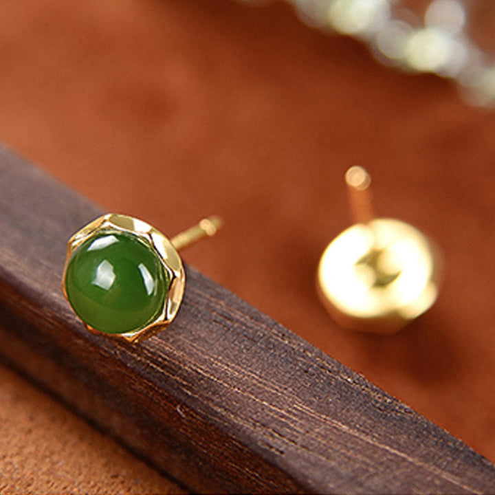 Buddha Stones 925 Sterling Silber vergoldet natürliche Hetian Cyan Jade Perlen Glück Ohrstecker