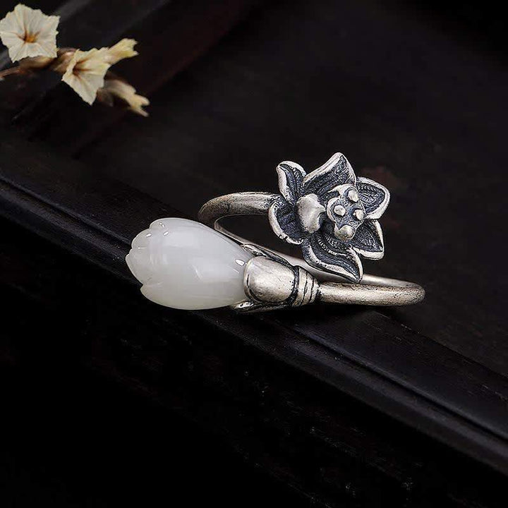 Buddha Stones Jade Lotus Kupfer Balance Heilung verstellbarer Ring