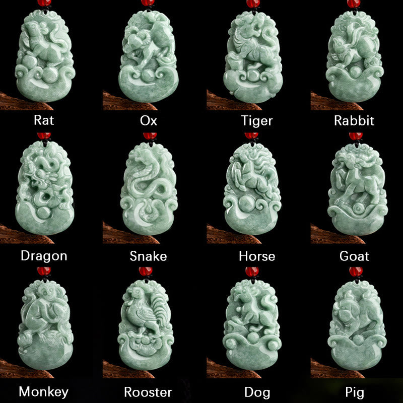 Halskette mit Buddha Stonesn, natürlicher grüner Jade, 12 chinesische Sternzeichen, Glück, Wohlstand