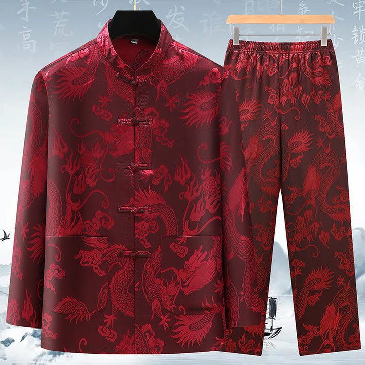 Buddha Stones Tang Anzug Männer Hanfu Chinesischer Drache Traditionelle Kleidung Kung Fu Hemd Uniform Langärmeliger Mantel Tops und Hosen Kleidung Herren Set - Weinrot - US/ UK/AU42,EU52 (3XL) - image 14