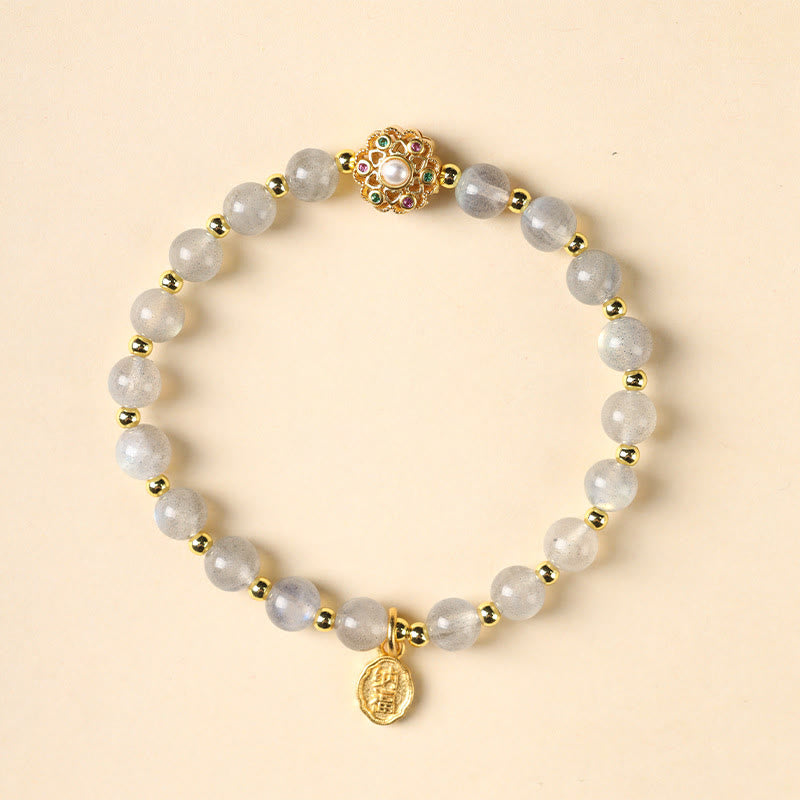 Buddha Stones 14 Karat vergoldetes natürliches Erdbeerquarz-Labradorit-Sonnenstein-Fu-Character-Charm-Armband