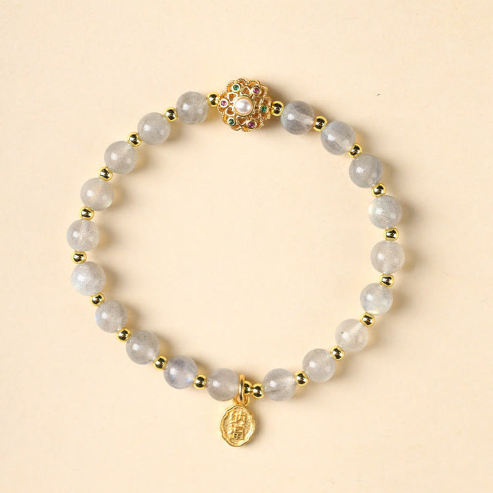 Buddha Stones 14 Karat vergoldetes natürliches Erdbeerquarz-Labradorit-Sonnenstein-Fu-Character-Charm-Armband