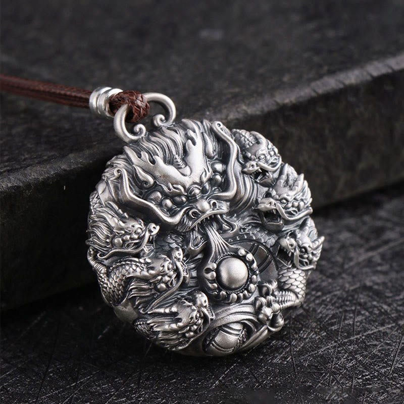 Buddha Stones 999 Sterling Silber Neun Drachen spielen mit einer Perle Glücksschutz Halskettenanhänger - Drache (Schutz ♥ Erfolg) - image 0