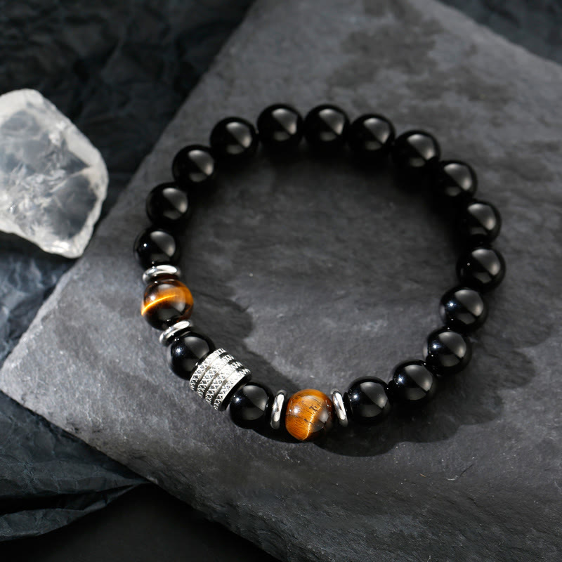 Buddha Stones natürliches schwarzes Obsidian-Tigerauge-Armband zur Krafterfüllung