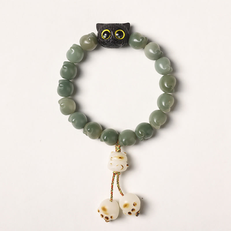 Armband mit Buddha Stonesn, natürlichem Bodhi-Samen, schöne Pfote, Ebenholz, glückliche Katze, Weisheit - Grüner Bodhi-Samen - Quastenversion (Handgelenkumfang 14–15 cm) - image 15