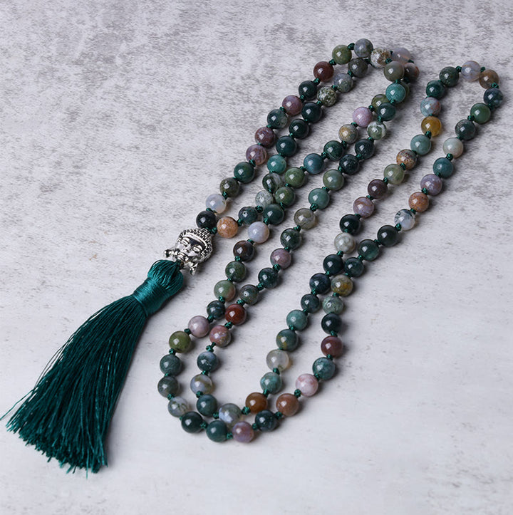 Buddha Stones 108 Mala-Perlen, indisches Achat-Buddha-Kopf-Reinigungsarmband