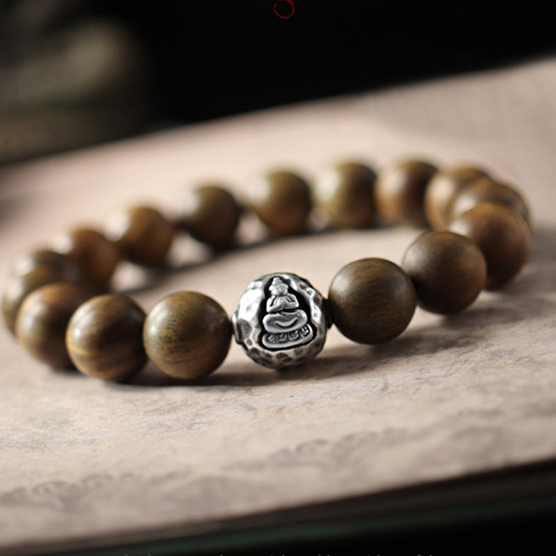 Buddha Stones 999 Sterling Silber Grünes Sandelholz Kleines Blatt Rotes Sandelholz Buddha Cure Armband