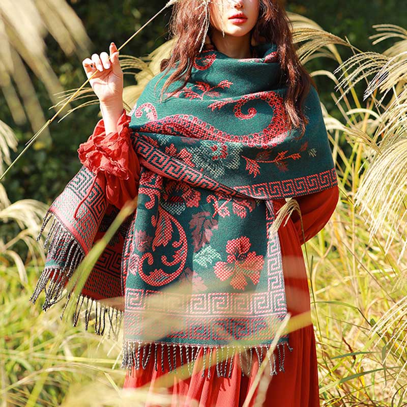 Buddha Stones, tibetische Blumen, Blätter, Muster, Design, Schal, gemütlicher Reiseschal - Grün - image 0