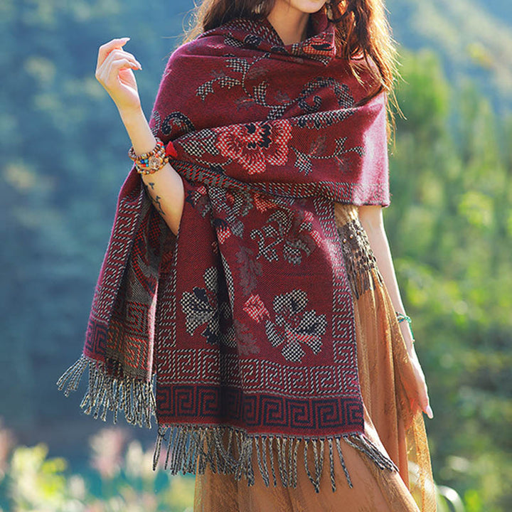 Buddha Stones, tibetische Blumen, Blätter, Muster, Design, Schal, gemütlicher Reiseschal - Dunkelrot - image 19