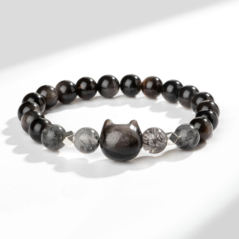 Buddha Stones Natürliches silberglänzendes Obsidian-Armband zum Schutz des niedlichen Katzenkopfes - Silberglänzender Obsidian (Handgelenkumfang 14–15 cm) - image 1