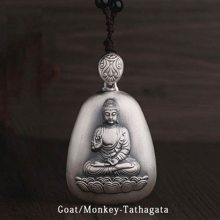 Buddha Stones 999 Sterling Silber Chinesisches Sternzeichen Natal Buddha Herz Sutra Gravur Schutz Halskette Anhänger - Ziege/Affe-Tathagata - image 0