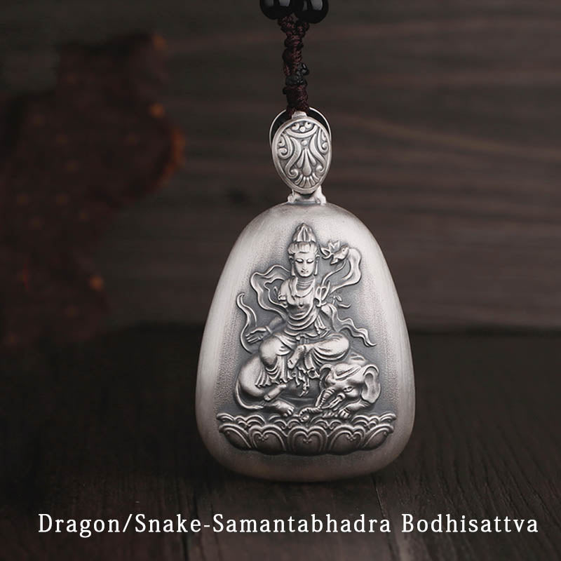 Buddha Stones 999 Sterling Silber Chinesisches Sternzeichen Natal Buddha Herz Sutra Gravur Schutz Halskette Anhänger - Drache/Schlange-Samantabhadra Bodhisattva - image 5