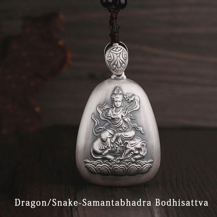 Buddha Stones 999 Sterling Silber Chinesisches Sternzeichen Natal Buddha Herz Sutra Gravur Schutz Halskette Anhänger - Drache/Schlange-Samantabhadra Bodhisattva - image 5