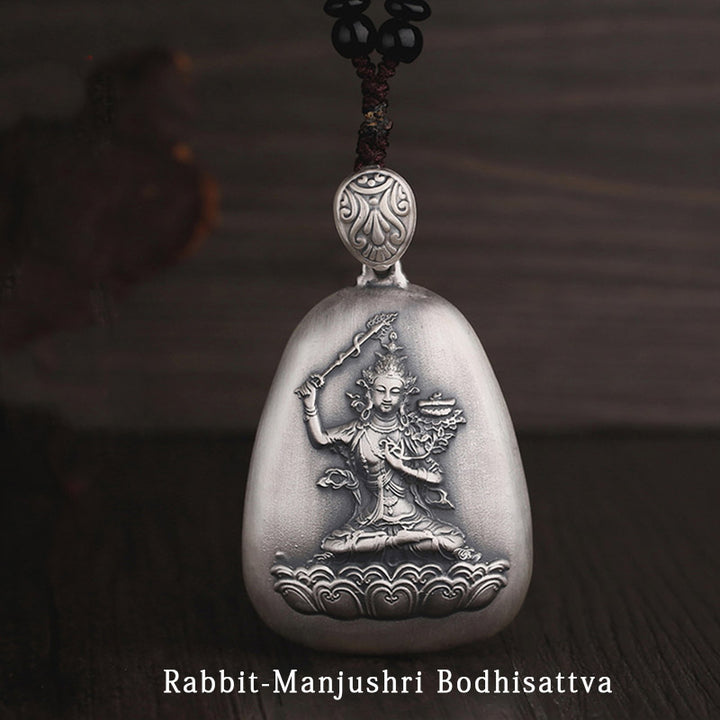 Buddha Stones 999 Sterling Silber Chinesisches Sternzeichen Natal Buddha Herz Sutra Gravur Schutz Halskette Anhänger - Kaninchen-Manjushri Bodhisattva - image 13