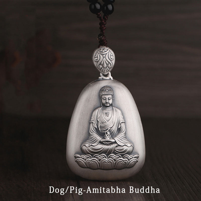 Buddha Stones 999 Sterling Silber Chinesisches Sternzeichen Natal Buddha Herz Sutra Gravur Schutz Halskette Anhänger - Hund/Schwein-Amitabha Buddha - image 14