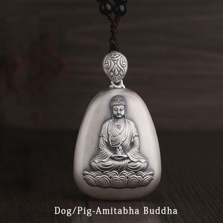 Buddha Stones 999 Sterling Silber Chinesisches Sternzeichen Natal Buddha Herz Sutra Gravur Schutz Halskette Anhänger - Hund/Schwein-Amitabha Buddha - image 14