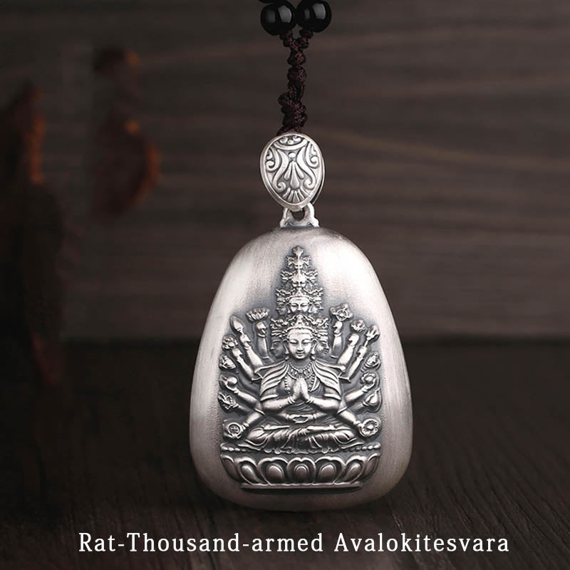 Buddha Stones 999 Sterling Silber Chinesisches Sternzeichen Natal Buddha Herz Sutra Gravur Schutz Halskette Anhänger - Ratte-Tausendarmiger Avalokitesvara - image 15