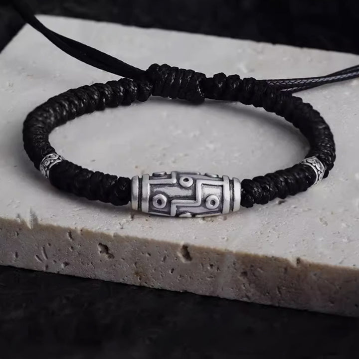 Buddha Stones 999 Sterling Silber Neun-Augen-Dzi-Perlenmuster Segensseil-Armband - 14-23 cm - image 0