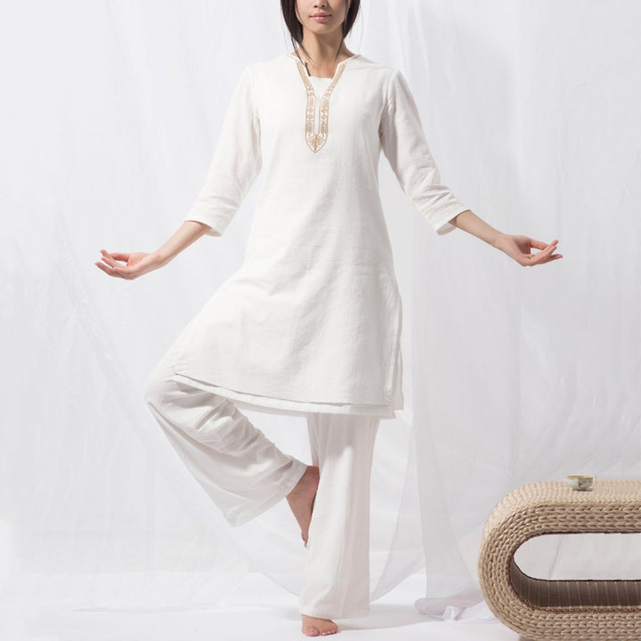 Buddha Stones 2-teiliges Tai Chi Meditation Yoga Baumwolle Kleidung Top Hosen Damen Set - Weiß (Oberteil und Hose) - US8-10, UK/AU12-14,EU40-42 (2XL) - image 1