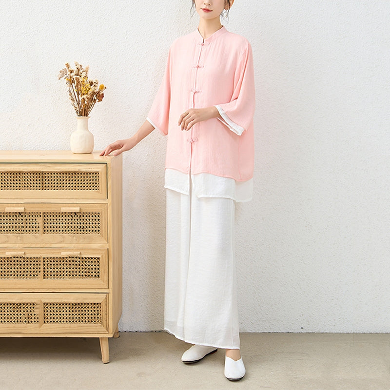 Buddha Stones 2-teiliges einfaches chinesisches Frosch-Knopf-Design, Oberteil, Hose, Meditation, Yoga, Zen, Tai Chi, Baumwollkleidung, Damen-Set - image 5