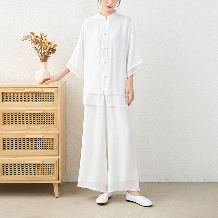 Buddha Stones 2-teiliges einfaches chinesisches Frosch-Knopf-Design, Oberteil, Hose, Meditation, Yoga, Zen, Tai Chi, Baumwollkleidung, Damen-Set - image 18