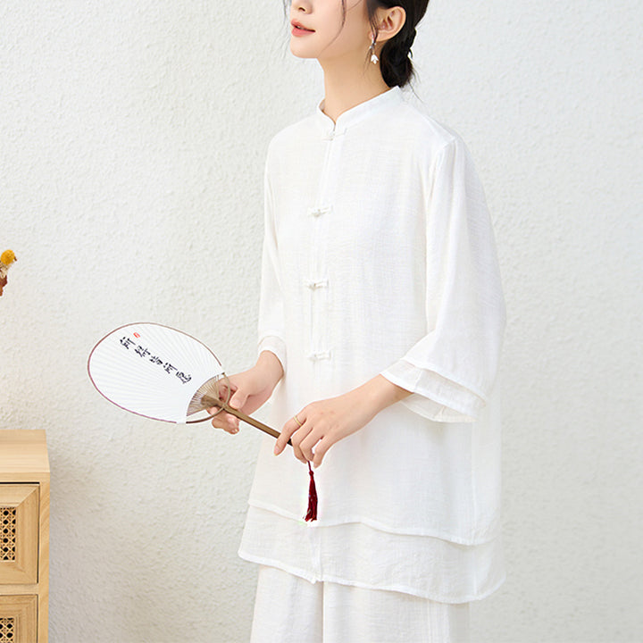 Buddha Stones 2-teiliges einfaches chinesisches Frosch-Knopf-Design, Oberteil, Hose, Meditation, Yoga, Zen, Tai Chi, Baumwollkleidung, Damen-Set - image 16