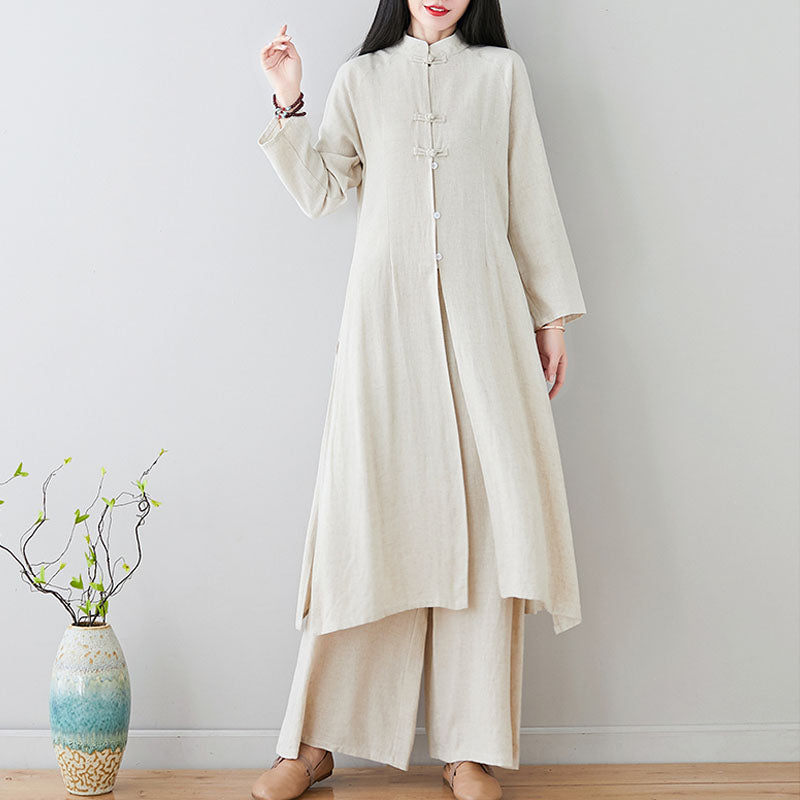 Buddha Stones 2-teiliges Damen-Set mit chinesischem Frosch-Knopf-Design, Zen-Tai-Chi-Meditationskleidung, Baumwoll-Leinen-Oberteil und Hose - Beige (Oberteil und Hose) – US8–10, UK/AU12–14, EU40–42 (2XL) - image 0