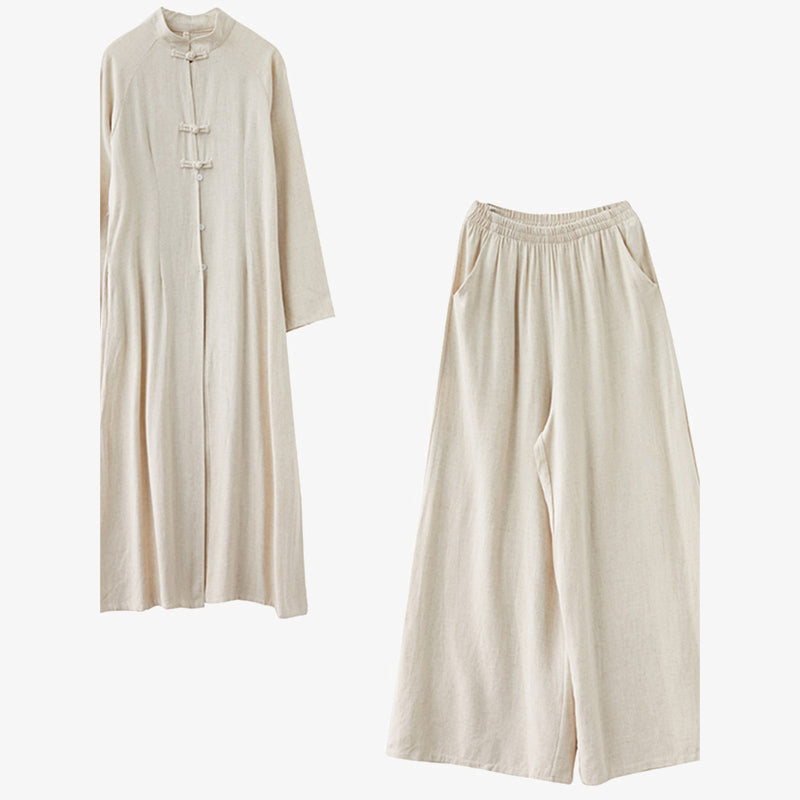 Buddha Stones 2-teiliges Damen-Set mit chinesischem Frosch-Knopf-Design, Zen-Tai-Chi-Meditationskleidung, Baumwoll-Leinen-Oberteil und Hose - image 4