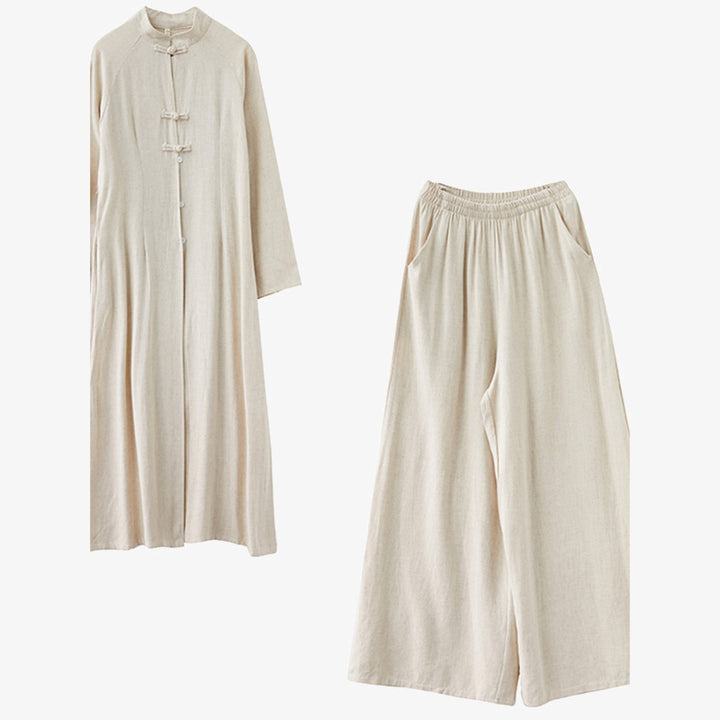 Buddha Stones 2-teiliges Damen-Set mit chinesischem Frosch-Knopf-Design, Zen-Tai-Chi-Meditationskleidung, Baumwoll-Leinen-Oberteil und Hose - image 4