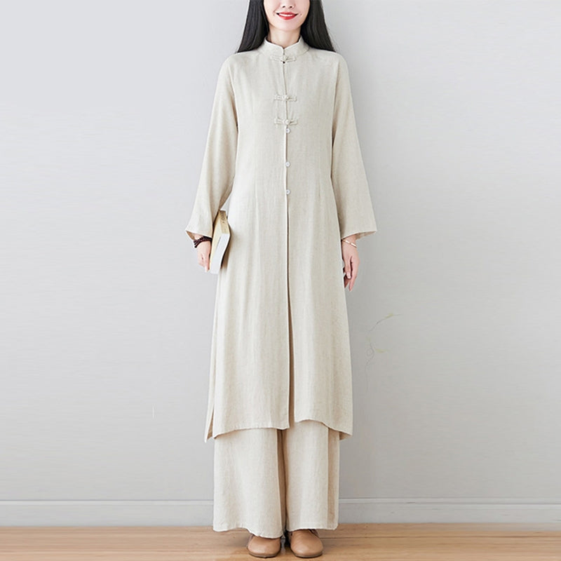 Buddha Stones 2-teiliges Damen-Set mit chinesischem Frosch-Knopf-Design, Zen-Tai-Chi-Meditationskleidung, Baumwoll-Leinen-Oberteil und Hose - image 2