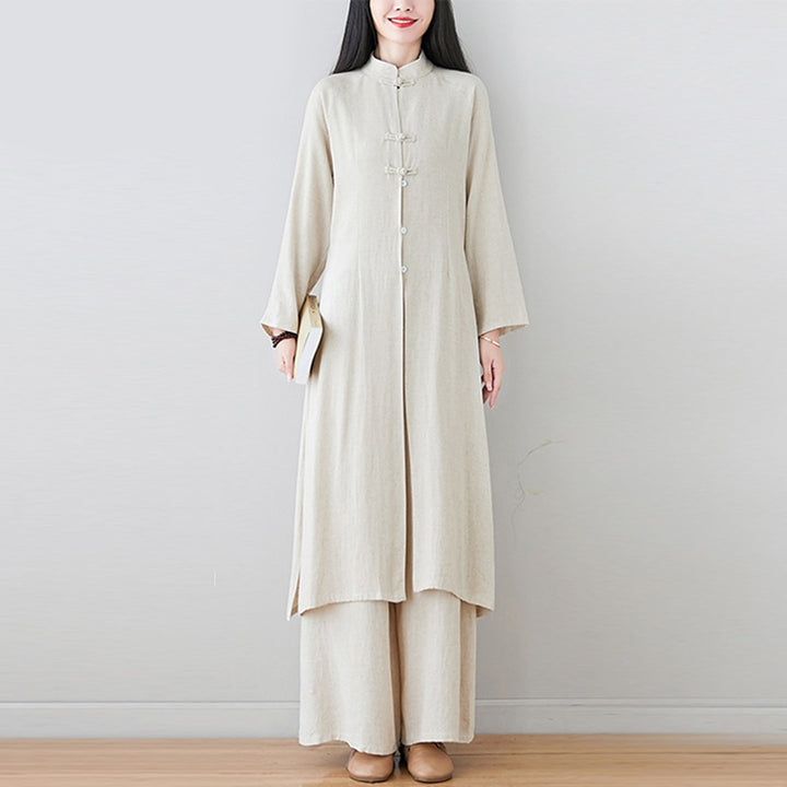 Buddha Stones 2-teiliges Damen-Set mit chinesischem Frosch-Knopf-Design, Zen-Tai-Chi-Meditationskleidung, Baumwoll-Leinen-Oberteil und Hose - image 2