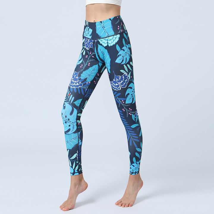 Buddha Stones Hose mit Blattmuster, Sport, Fitness, Yoga, Leggings mit hoher Taille, Yogahose für Damen - Blaue Blätter - US8-10, UK/AU12-14,EU40-42 (XL)  - image 4