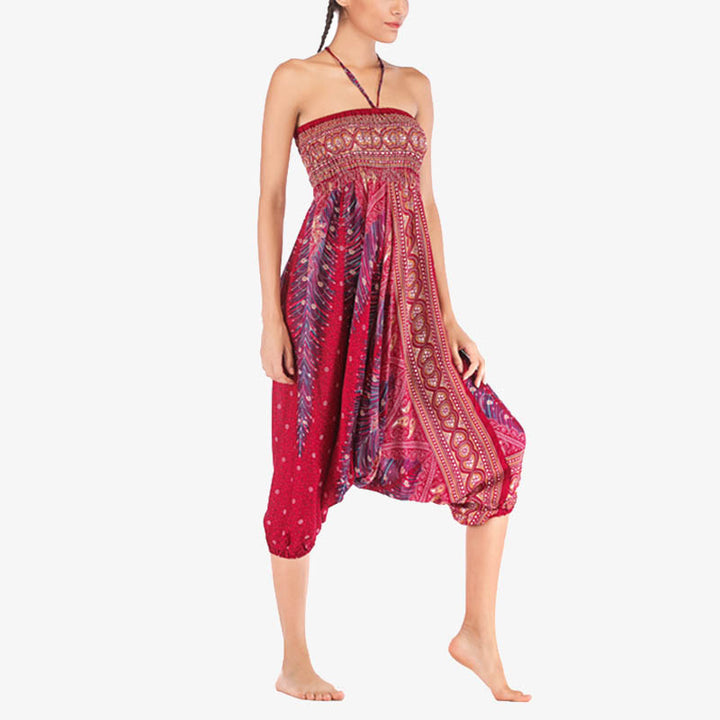 Buddha Stones Two Style Wear Federn Geometrisches Muster Lose Smocked Hose Jumpsuit Damen Yogahose - image 6