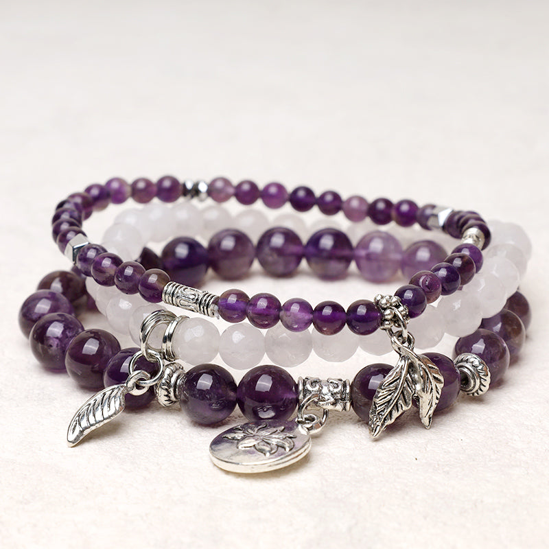 Buddha Stones 3-teiliges Armband aus natürlichem Quarzkristall mit Perlen und Heilenergie, Lotus - Amethyst - image 1
