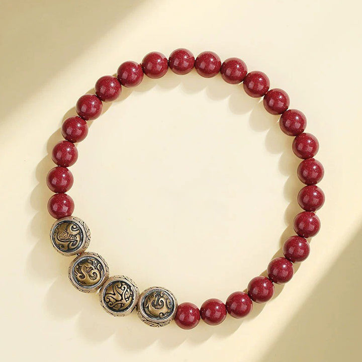 Buddha Stones Armband aus 925er-Sterlingsilber, natürlicher Zinnober, Segensarmband mit vier Tieren - 6 mm - Vier Tiere (Handgelenkumfang 14–16 cm) - image 4