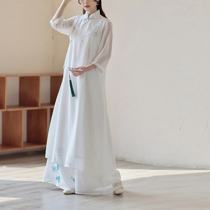 Buddha Stones Bambus Cheongsam Kleid Midikleid Weite Hose Meditation Spirituelle Zen-Praxis Kleidung - image 0